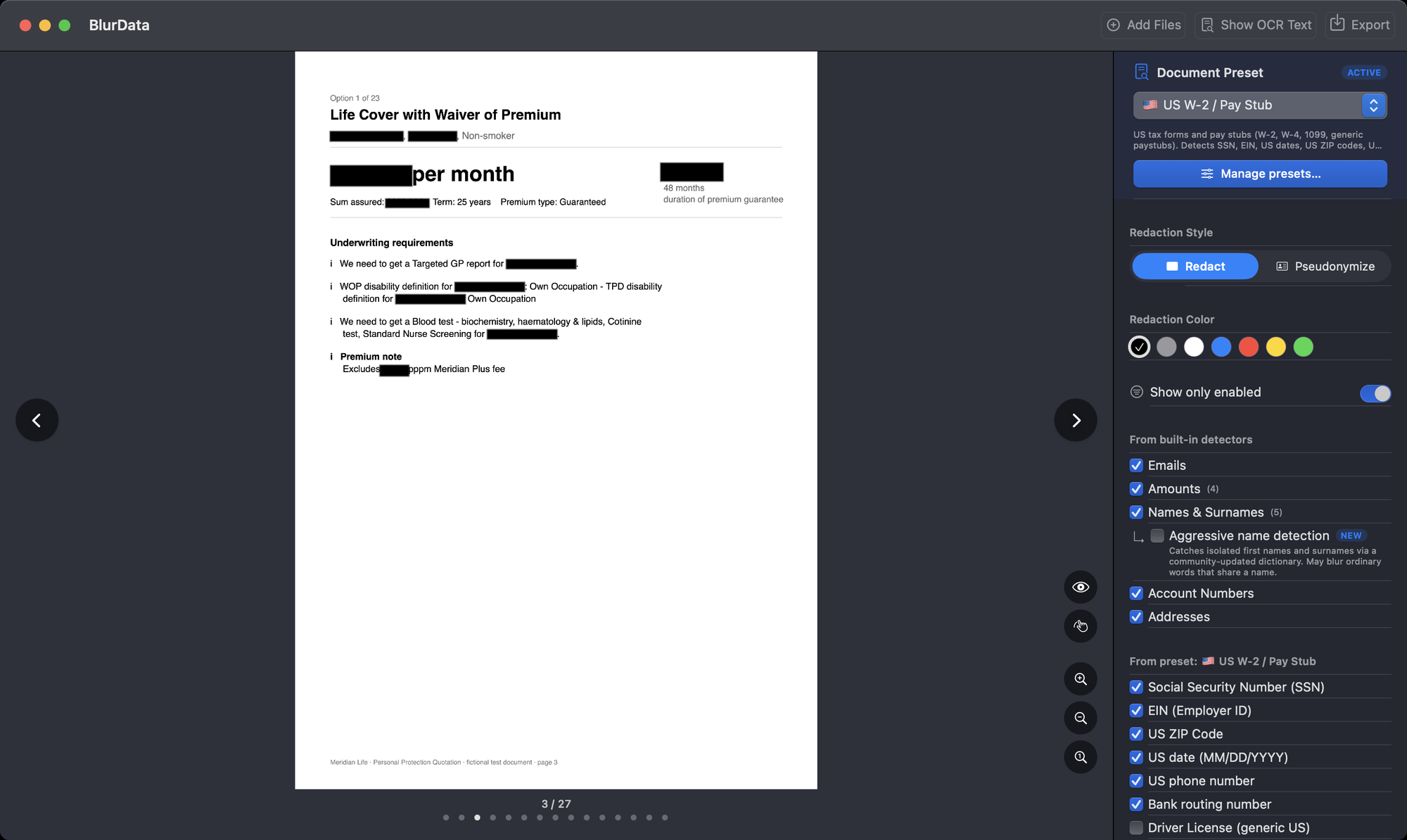 BlurData on Mac redacting names, amounts and dates in an insurance quotation, with the document preset and detectors panel