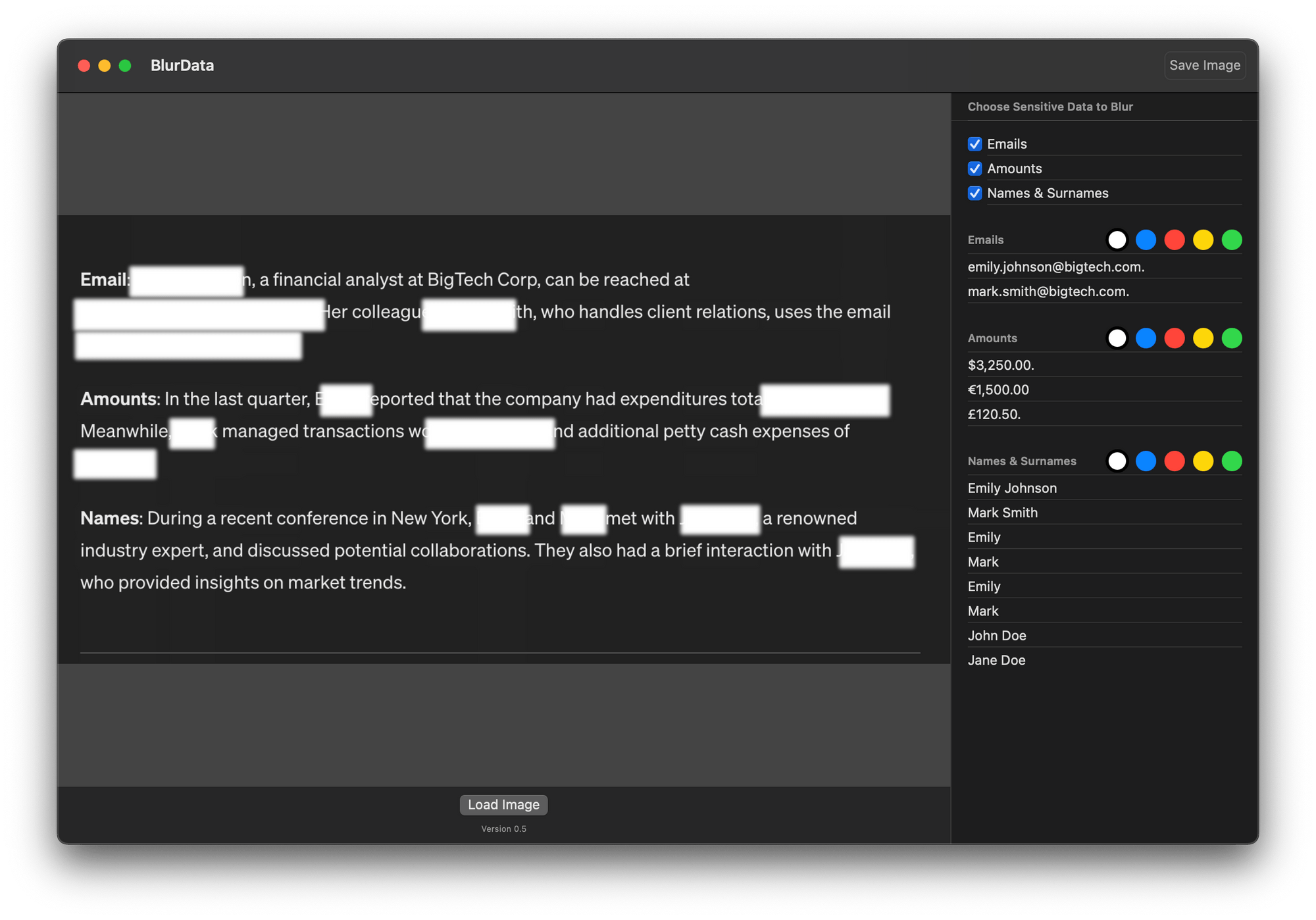 BlurData app interface showing automatic redaction of sensitive data in a screenshot